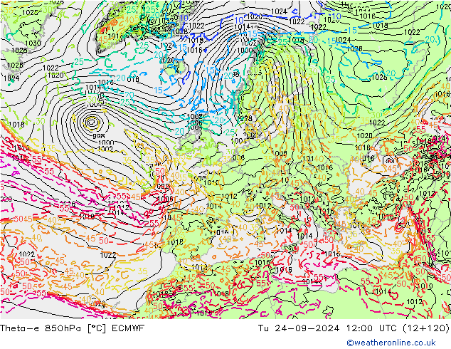 Theta-e 850hPa ECMWF Di 24.09.2024 12 UTC