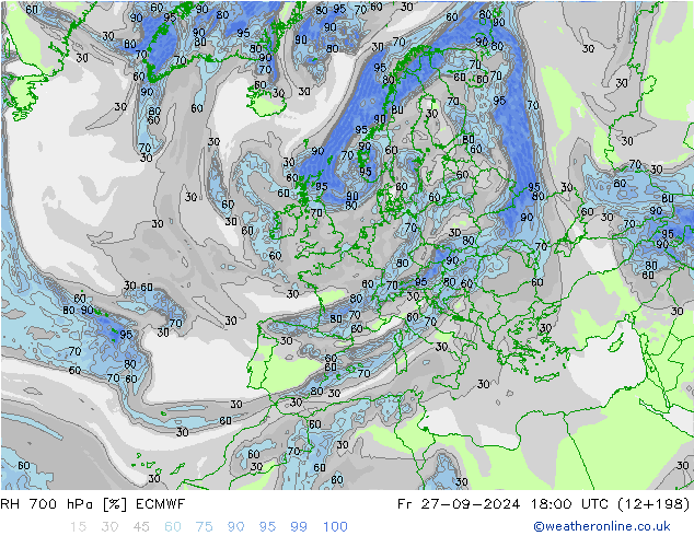 Humidité rel. 700 hPa ECMWF ven 27.09.2024 18 UTC