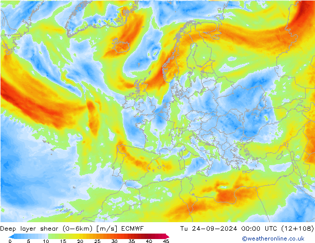 Deep layer shear (0-6km) ECMWF Di 24.09.2024 00 UTC