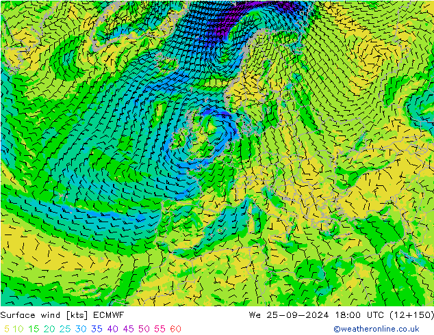 Vento 10 m ECMWF mer 25.09.2024 18 UTC