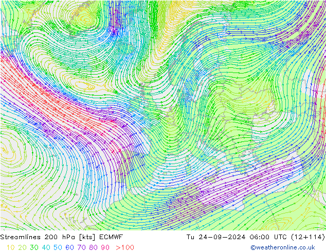 Streamlines 200 hPa ECMWF Tu 24.09.2024 06 UTC