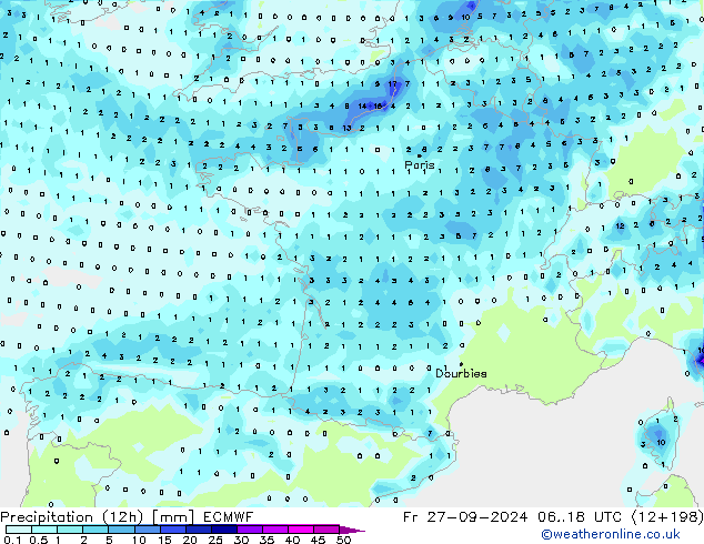 Nied. akkumuliert (12Std) ECMWF Fr 27.09.2024 18 UTC