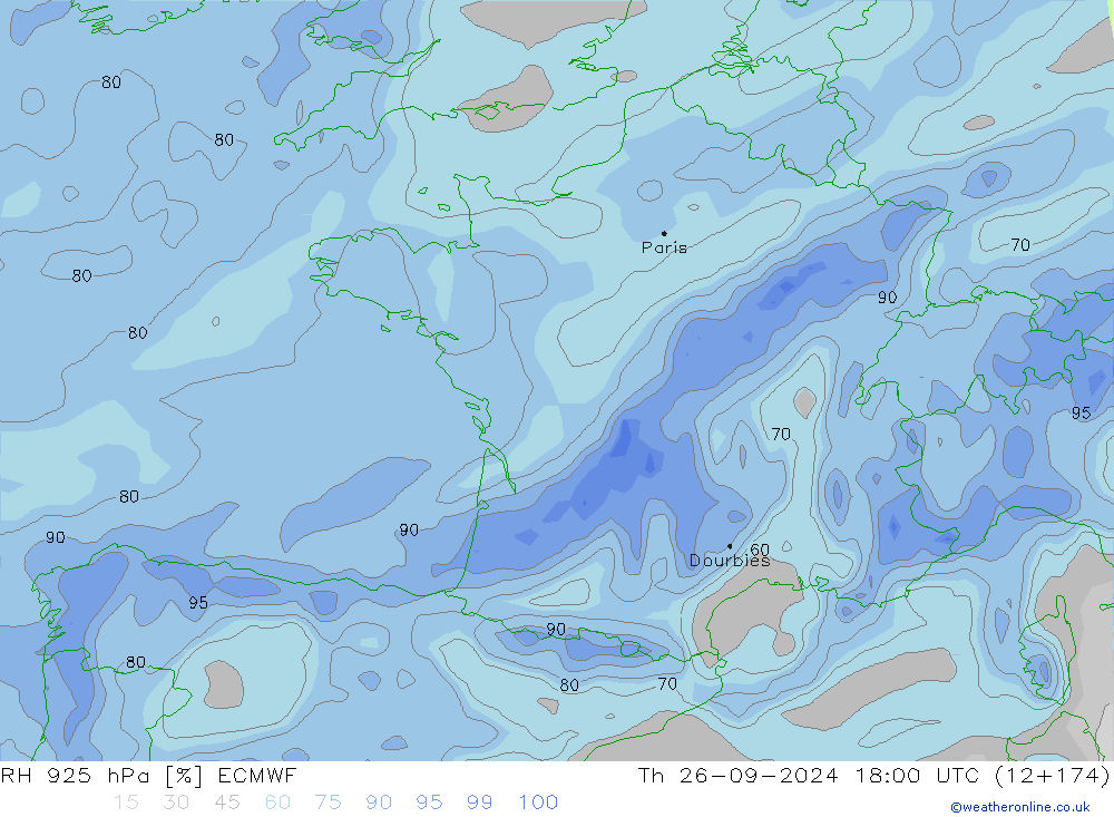 RH 925 hPa ECMWF Qui 26.09.2024 18 UTC