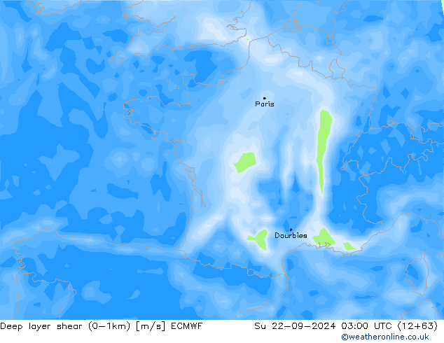 Deep layer shear (0-1km) ECMWF dom 22.09.2024 03 UTC