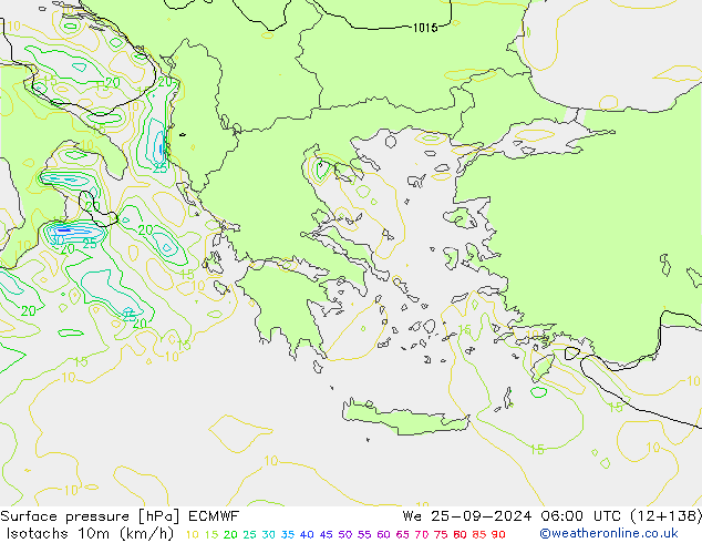 Isotachs (kph) ECMWF We 25.09.2024 06 UTC