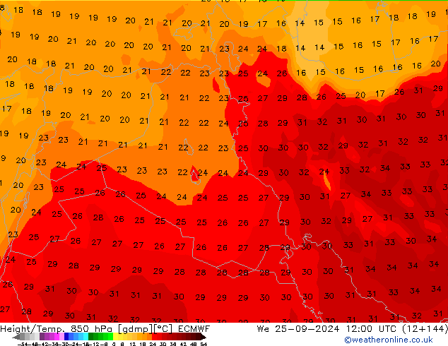 Geop./Temp. 850 hPa ECMWF mié 25.09.2024 12 UTC