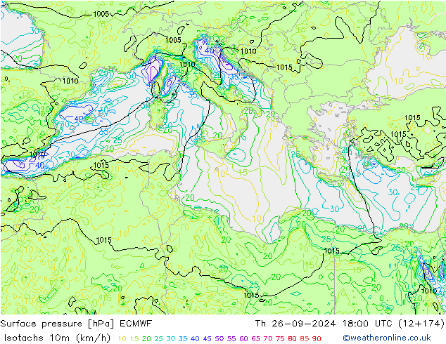 Isotachs (kph) ECMWF  26.09.2024 18 UTC