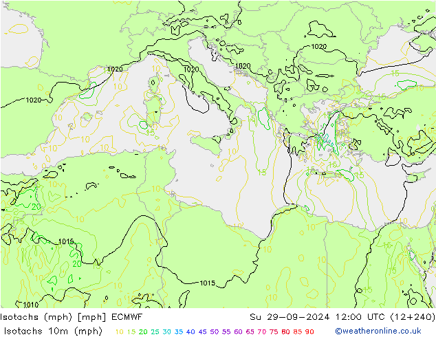 Isotachs (mph) ECMWF  29.09.2024 12 UTC