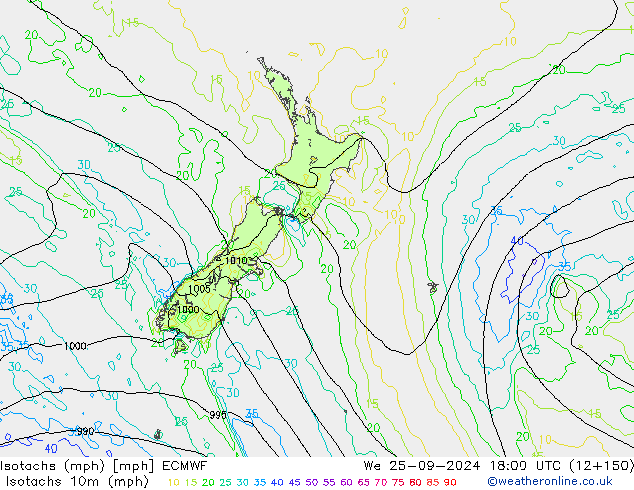 Isotachs (mph) ECMWF mer 25.09.2024 18 UTC