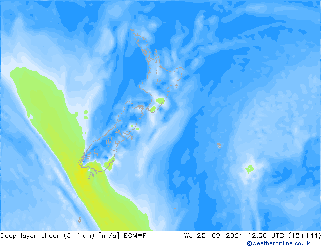 Deep layer shear (0-1km) ECMWF  25.09.2024 12 UTC