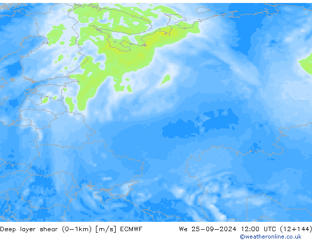 Deep layer shear (0-1km) ECMWF We 25.09.2024 12 UTC