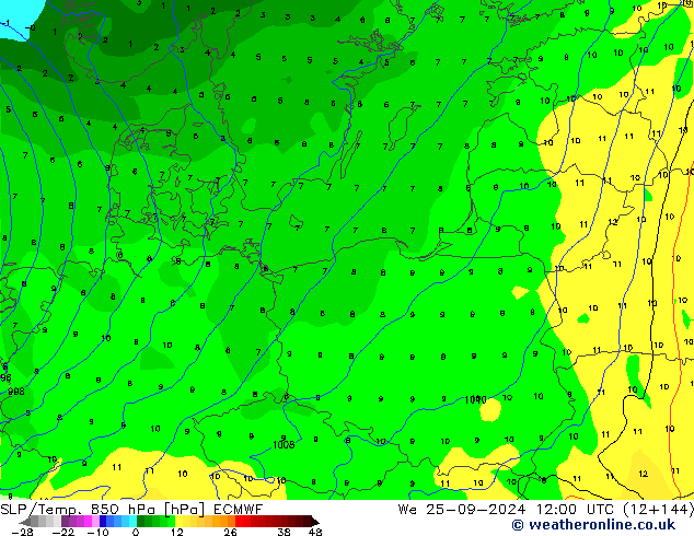 SLP/Temp. 850 hPa ECMWF śro. 25.09.2024 12 UTC