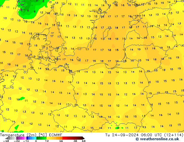 Temperatuurkaart (2m) ECMWF di 24.09.2024 06 UTC