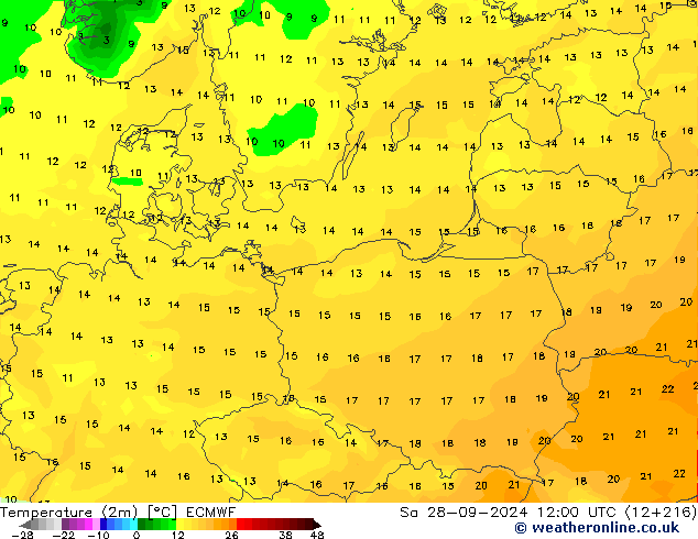 Temperaturkarte (2m) ECMWF Sa 28.09.2024 12 UTC