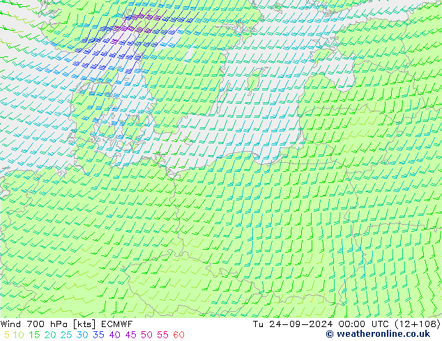 Wind 700 hPa ECMWF Tu 24.09.2024 00 UTC