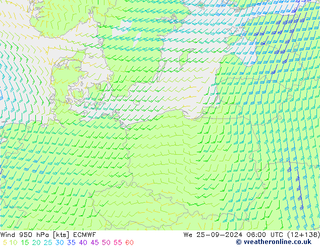 Vent 950 hPa ECMWF mer 25.09.2024 06 UTC