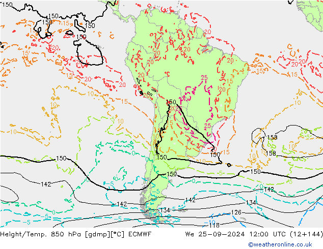 Height/Temp. 850 hPa ECMWF śro. 25.09.2024 12 UTC