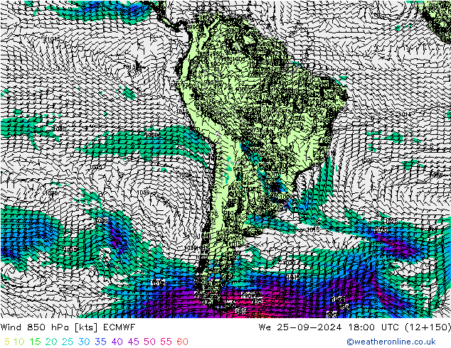 Vento 850 hPa ECMWF mer 25.09.2024 18 UTC