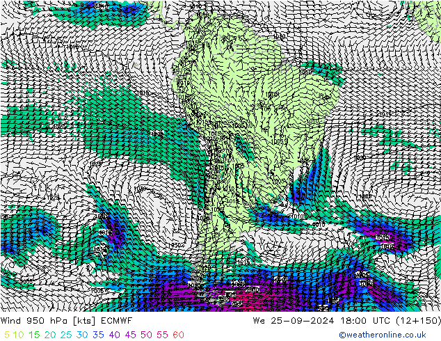 Vento 950 hPa ECMWF mer 25.09.2024 18 UTC