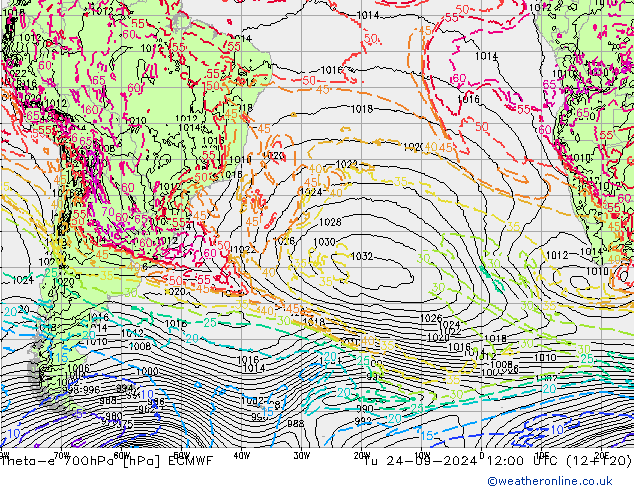 Theta-e 700hPa ECMWF mar 24.09.2024 12 UTC