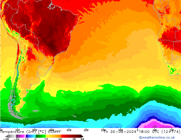 Temperatuurkaart (2m) ECMWF do 26.09.2024 18 UTC