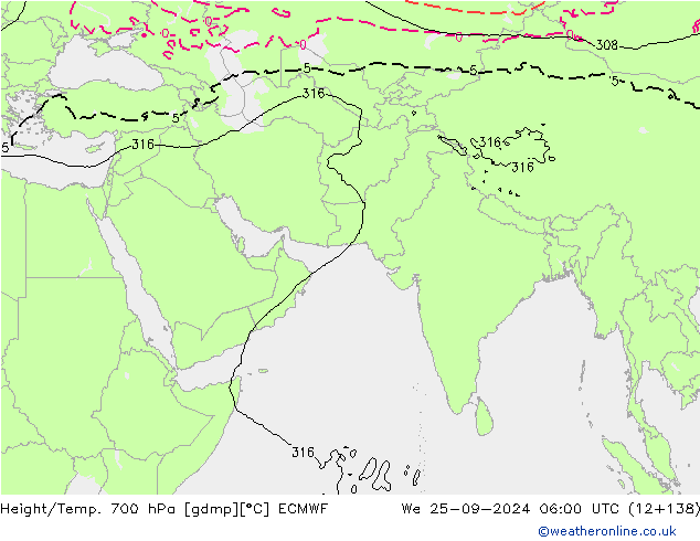 Height/Temp. 700 hPa ECMWF mer 25.09.2024 06 UTC