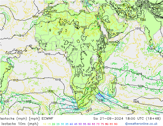 Isotachs (mph) ECMWF сб 21.09.2024 18 UTC