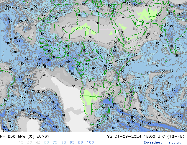 RH 850 гПа ECMWF сб 21.09.2024 18 UTC