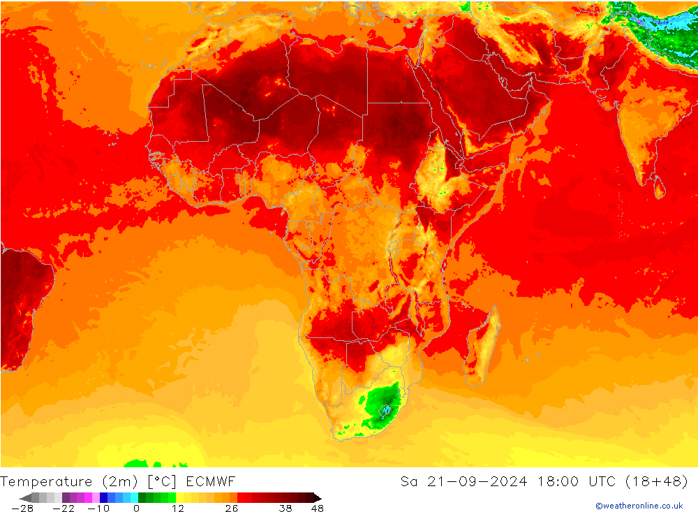 Temperature (2m) ECMWF Sa 21.09.2024 18 UTC