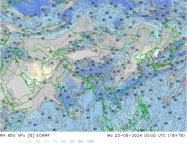 RH 850 гПа ECMWF пн 23.09.2024 00 UTC