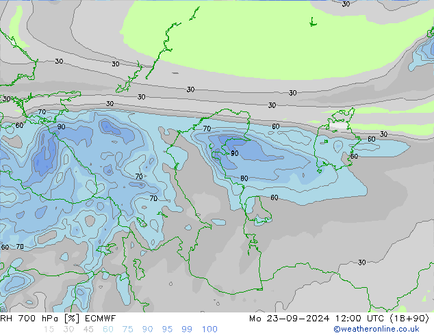 RH 700 hPa ECMWF Mo 23.09.2024 12 UTC