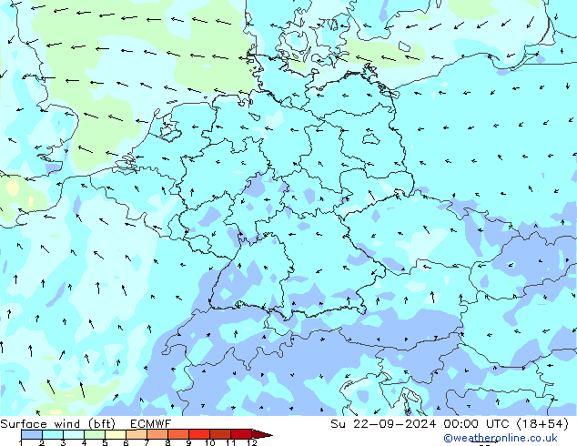 Vento 10 m (bft) ECMWF dom 22.09.2024 00 UTC