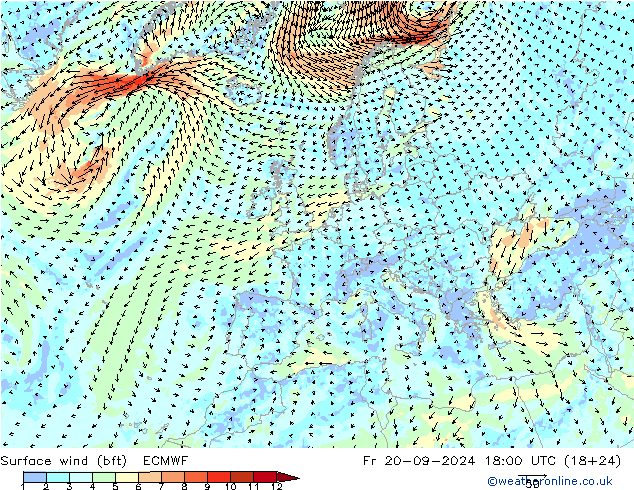 Bodenwind (bft) ECMWF Fr 20.09.2024 18 UTC