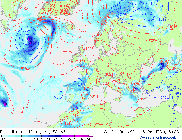 Totale neerslag (12h) ECMWF za 21.09.2024 06 UTC