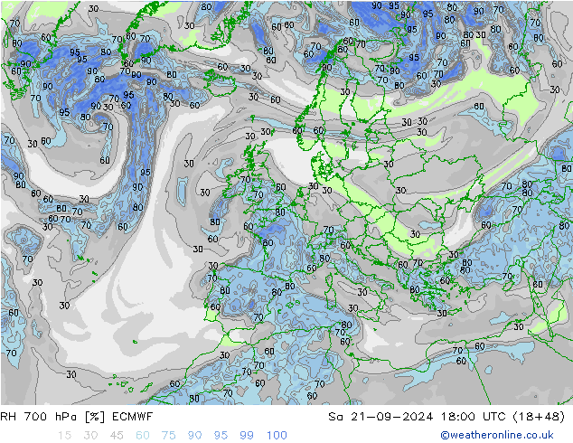 RH 700 гПа ECMWF сб 21.09.2024 18 UTC