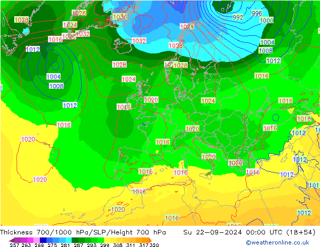 Schichtdicke 700-1000 hPa ECMWF So 22.09.2024 00 UTC