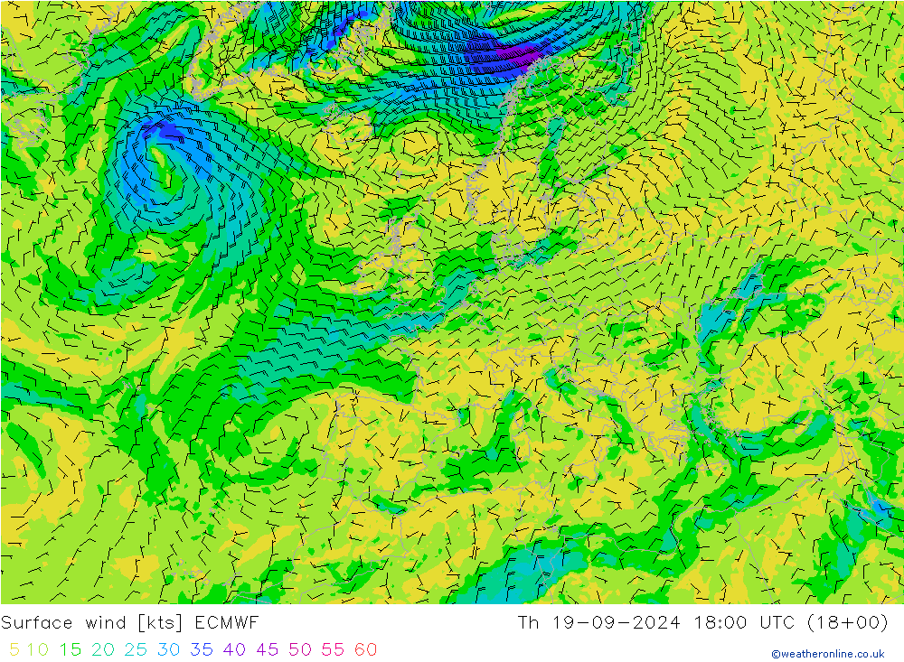 风 10 米 ECMWF 星期四 19.09.2024 18 UTC