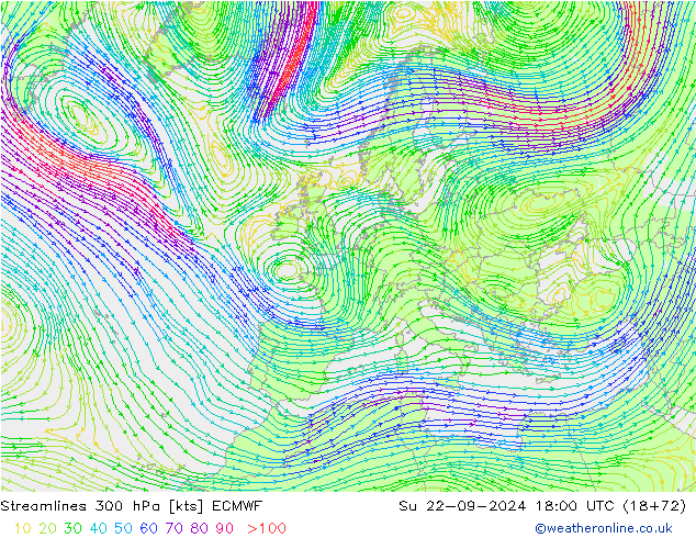 Streamlines 300 hPa ECMWF Su 22.09.2024 18 UTC