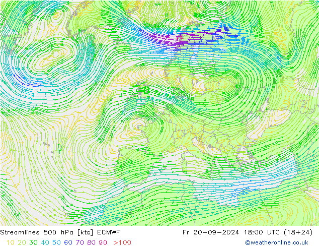 Linha de corrente 500 hPa ECMWF Sex 20.09.2024 18 UTC