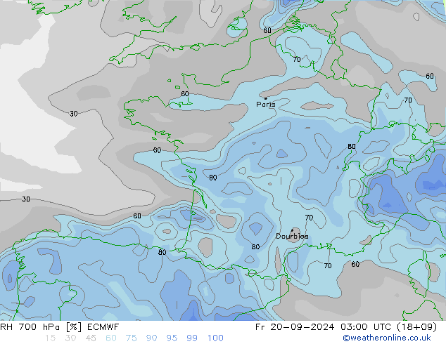 RH 700 гПа ECMWF пт 20.09.2024 03 UTC