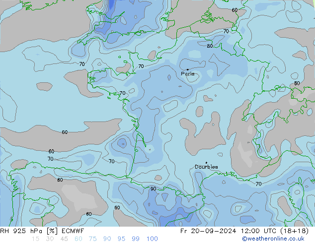 RH 925 hPa ECMWF Pá 20.09.2024 12 UTC