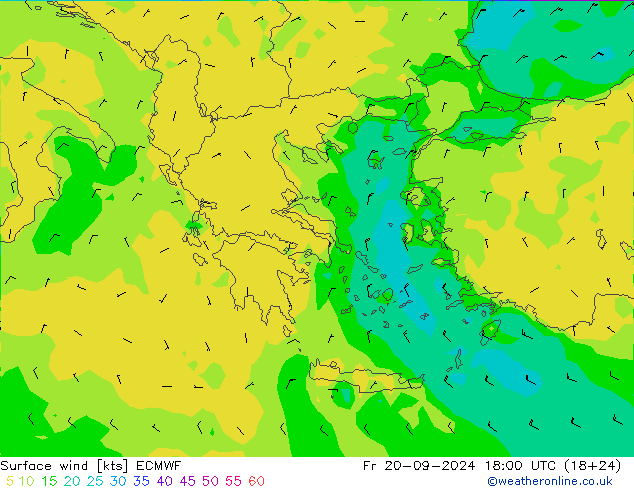 Neerslag 6h/Wind 10m/950 ECMWF vr 20.09.2024 18 UTC