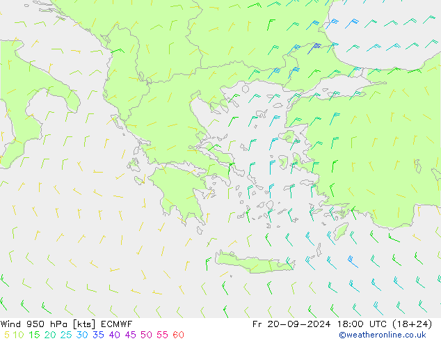 Neerslag 6h/Wind 10m/950 ECMWF vr 20.09.2024 18 UTC