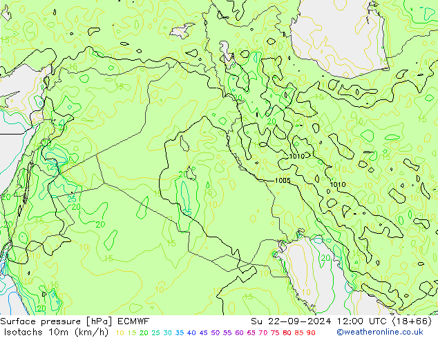 Isotachs (kph) ECMWF Su 22.09.2024 12 UTC