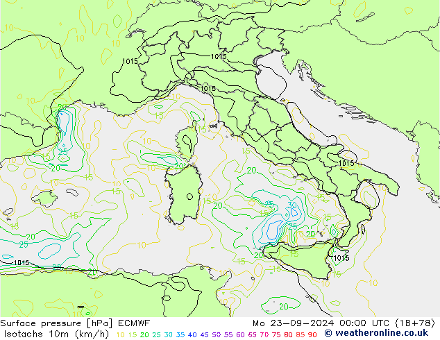 Isotachs (kph) ECMWF Po 23.09.2024 00 UTC