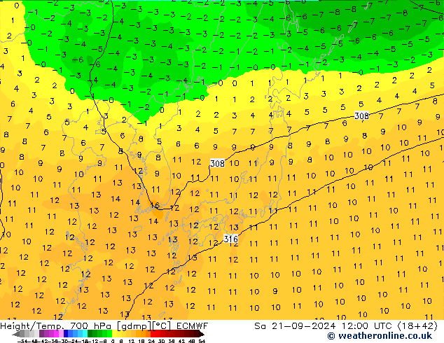 Hoogte/Temp. 700 hPa ECMWF za 21.09.2024 12 UTC