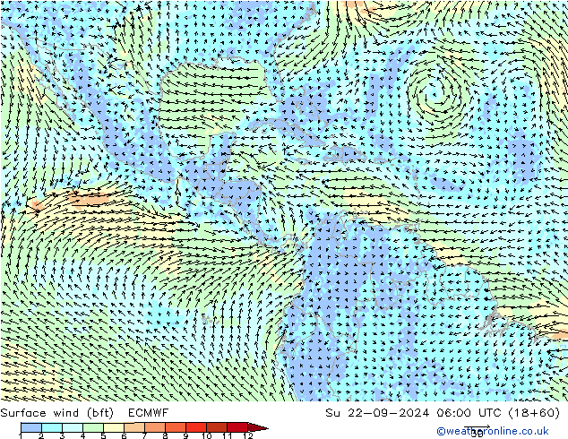 Surface wind (bft) ECMWF Su 22.09.2024 06 UTC