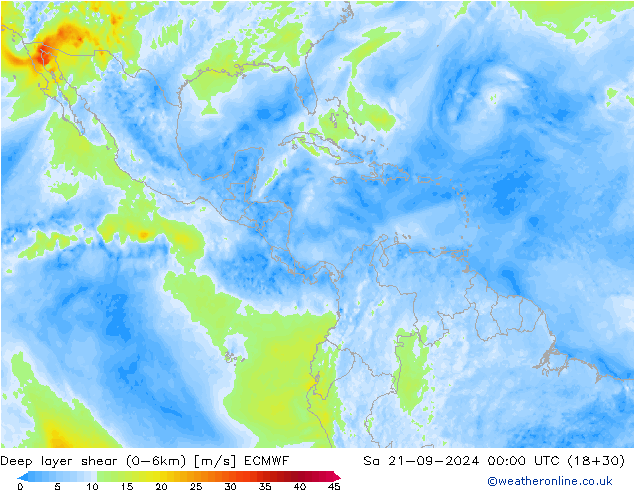 Deep layer shear (0-6km) ECMWF sab 21.09.2024 00 UTC