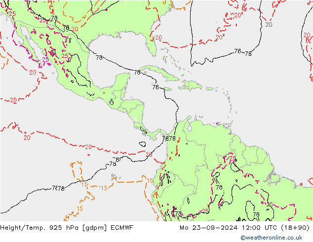 Height/Temp. 925 hPa ECMWF Seg 23.09.2024 12 UTC