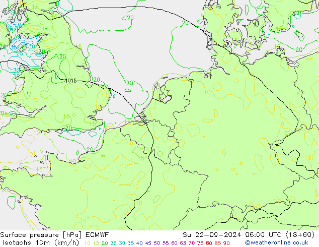 Izotacha (km/godz) ECMWF nie. 22.09.2024 06 UTC